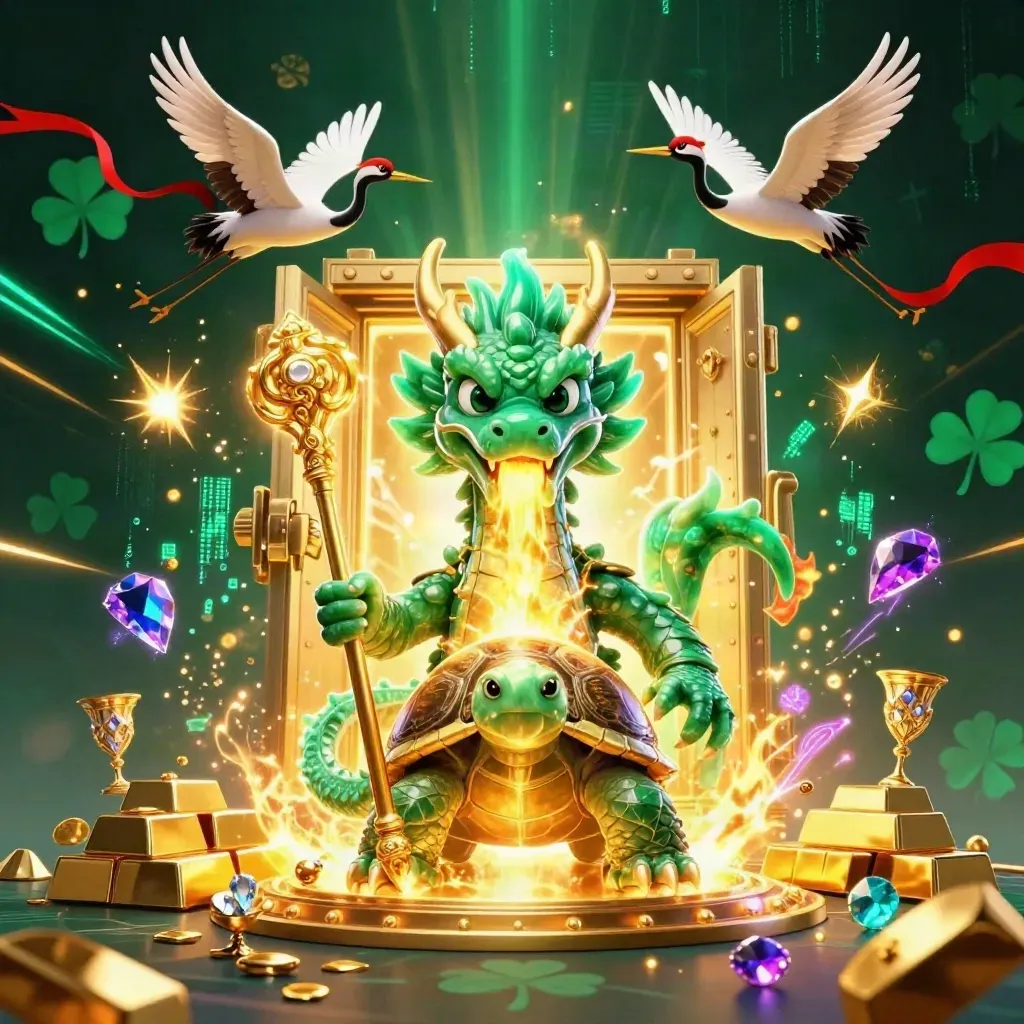 Jade dragon, turtle sage, and cranes burst amid gold vault treasure and neon casino energy