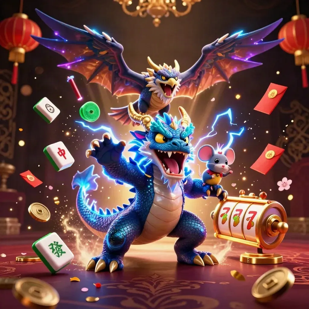 Thunder dragon, glowing hawk, and static mouse amid casino treasure and lightning