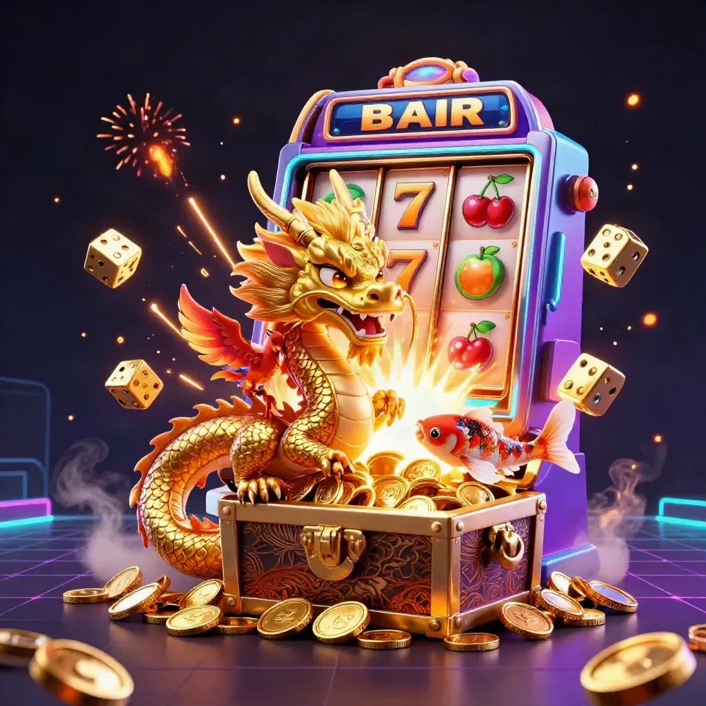 Golden dragon, phoenix, koi, and exploding slot machine amid jackpot gold and neon casino lights.