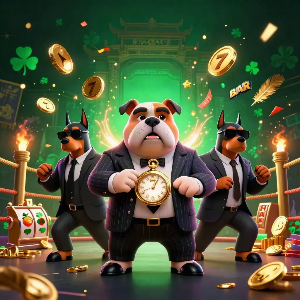 Bulldog boss with two Doberman bodyguards amid coins, reels, fireworks, and temple gates