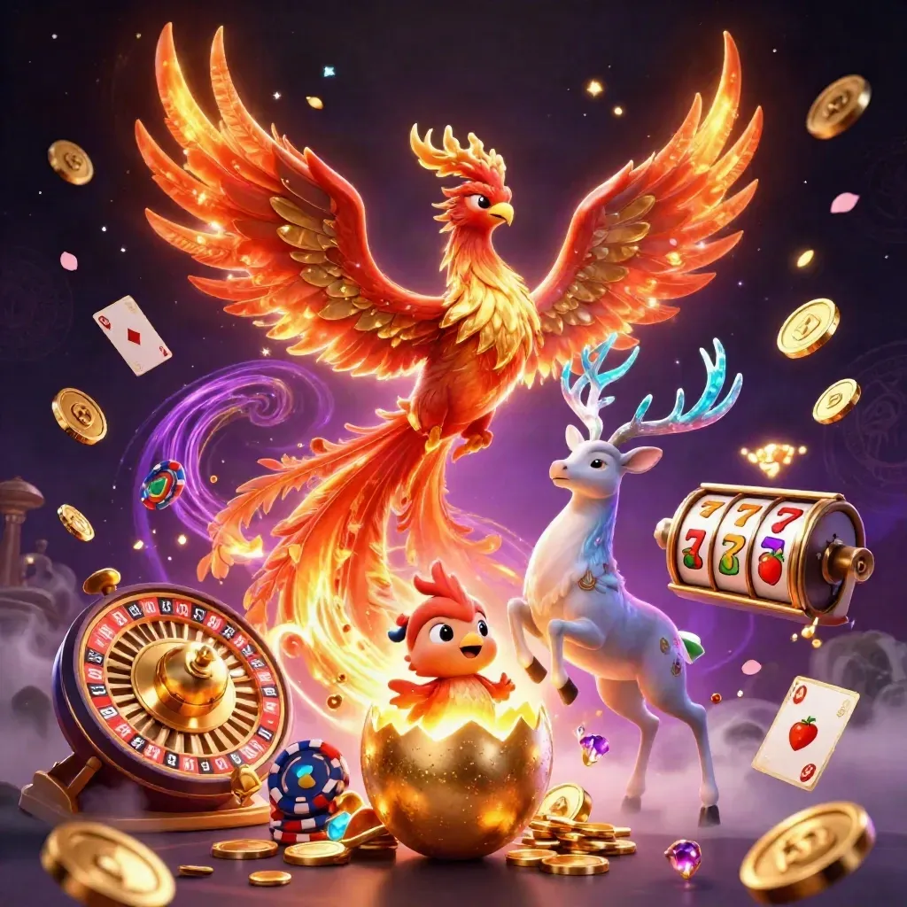 Phoenix, hatching chick, and crystal stag amid coins, gems, slots, and casino lights