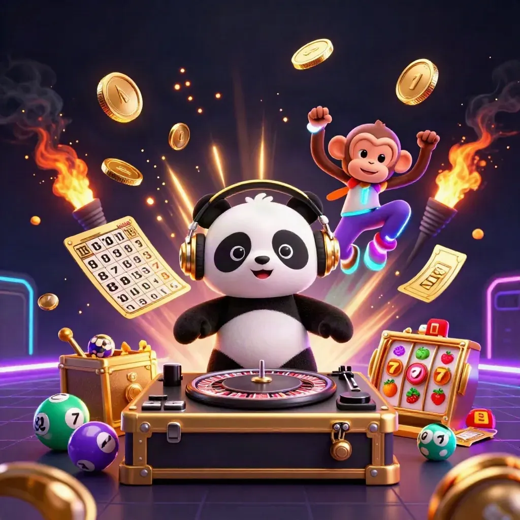 DJ panda, breakdancing monkey, and glow-stick kitten amid casino loot, coins, fireworks, and neon light