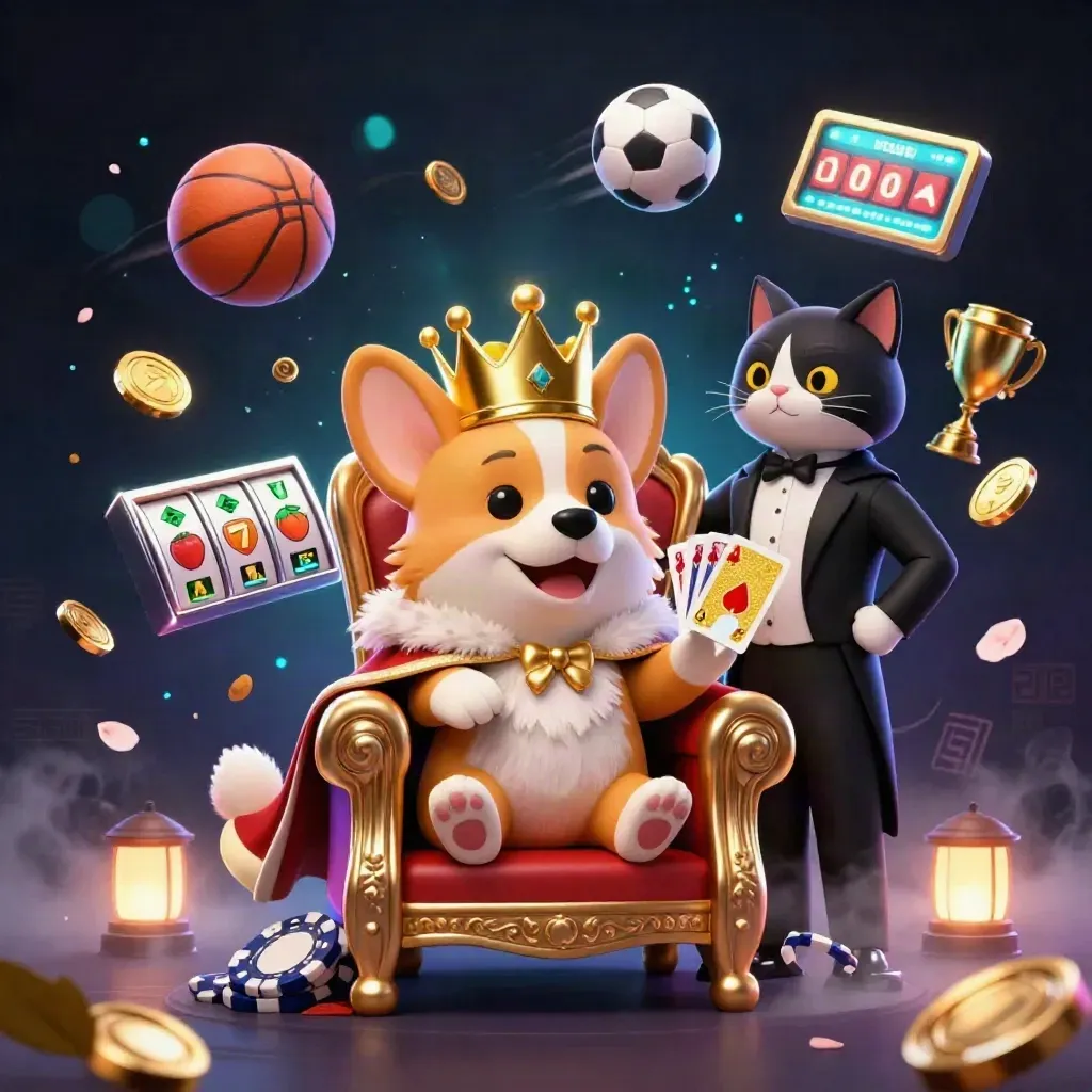 Royal corgi and cat butler on a chip throne amid slot symbols and casino lights.
