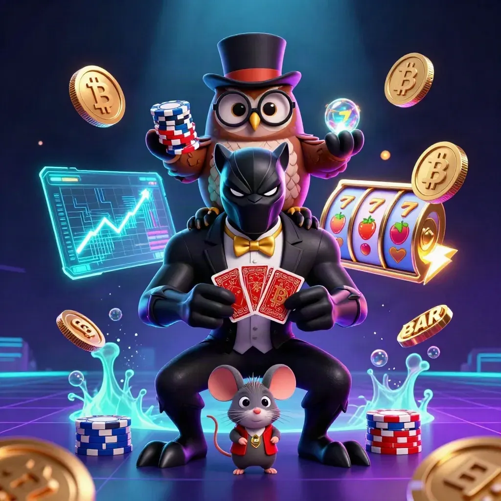 Black panther, owl, and mouse amid neon casino coins, reels, and glowing teal-purple effects