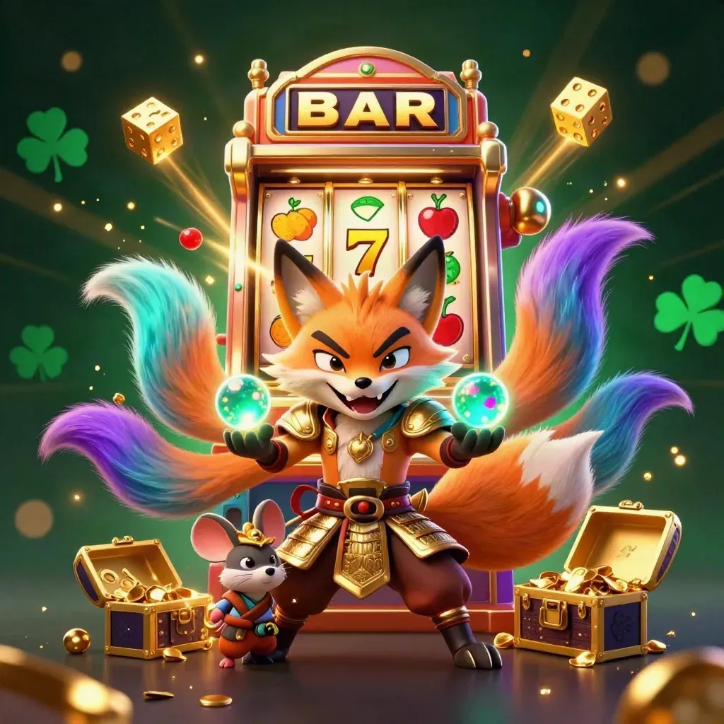Neon nine-tailed fox spirit with armored mouse, bursting slot machine, gold dice, and jackpot loot