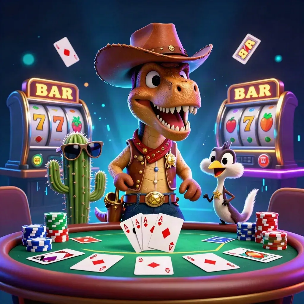 Cowboy T-Rex, cactus sidekick, and roadrunner amid casino chips and slot reels