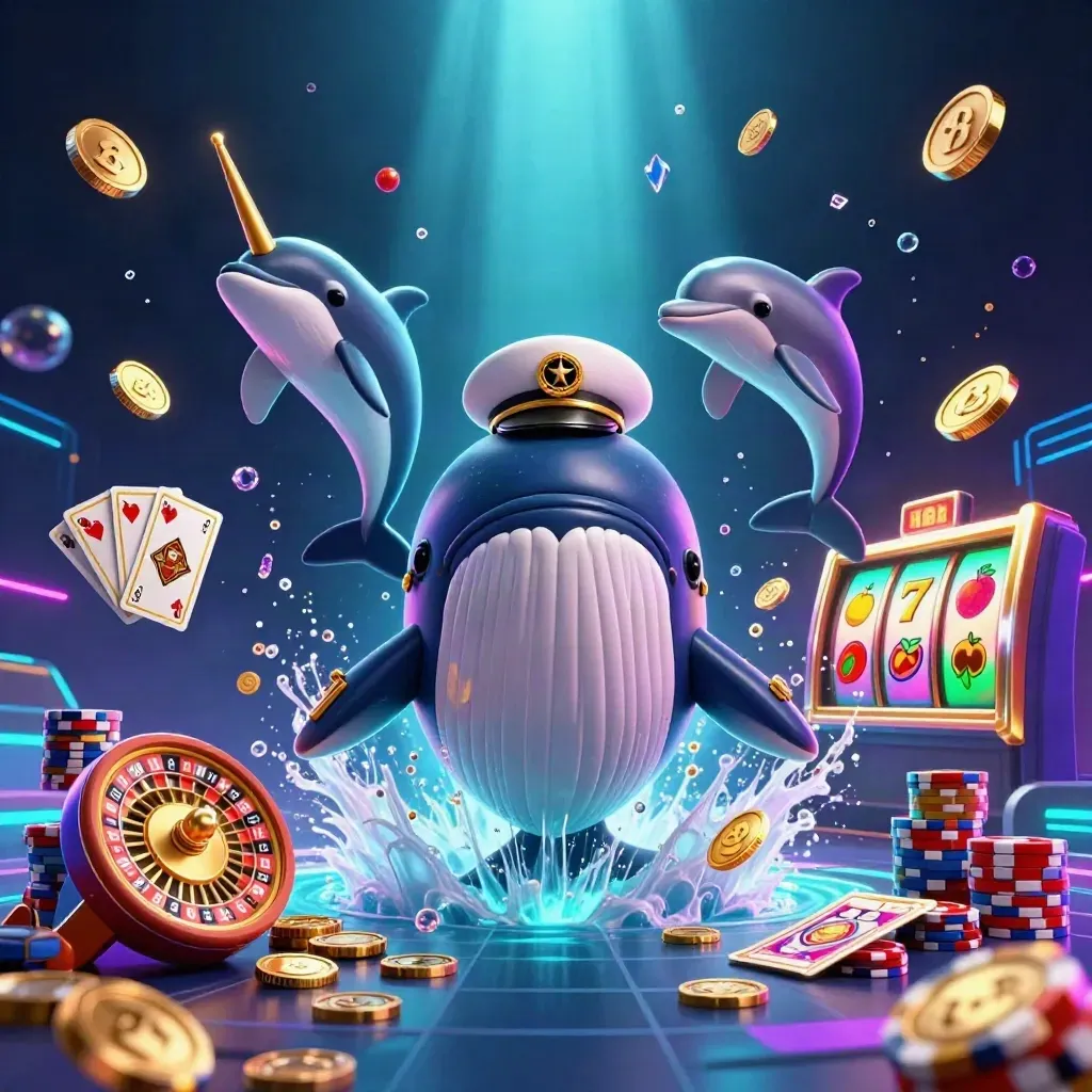 Captain whale, narwhal and dolphins burst through coins with neon casino icons and glowing jackpot effects.