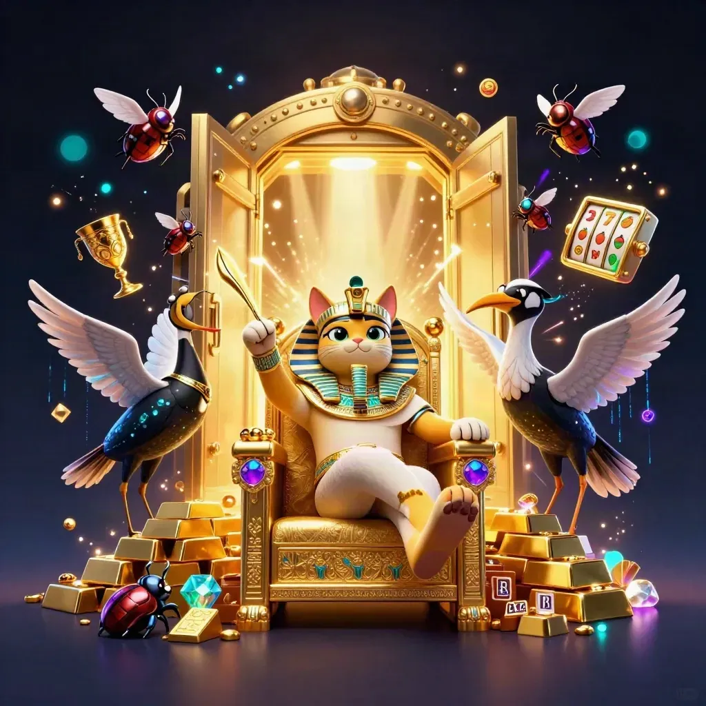 Pharaoh cat on a golden throne with glowing vault, gems, scarabs, and slot symbols