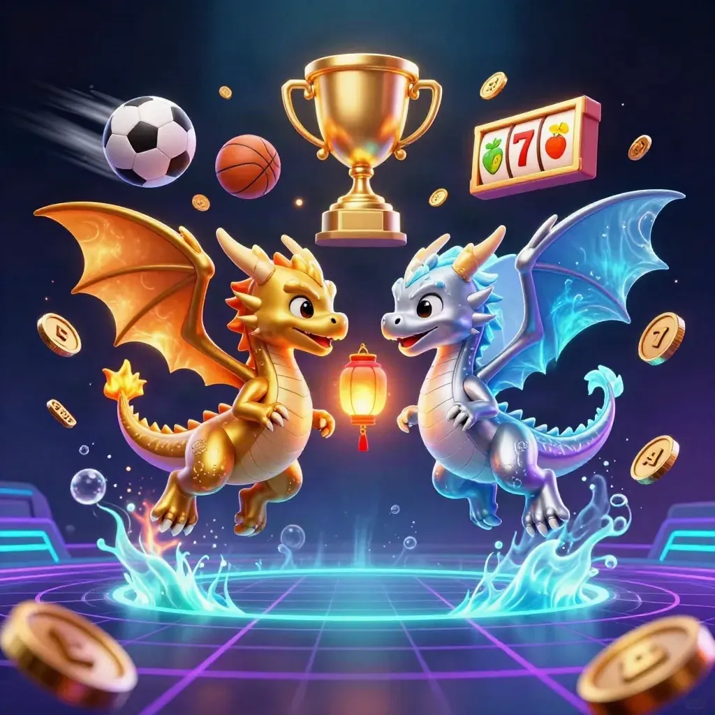 Gold and silver dragons swirl with casino symbols, coins, and neon glow