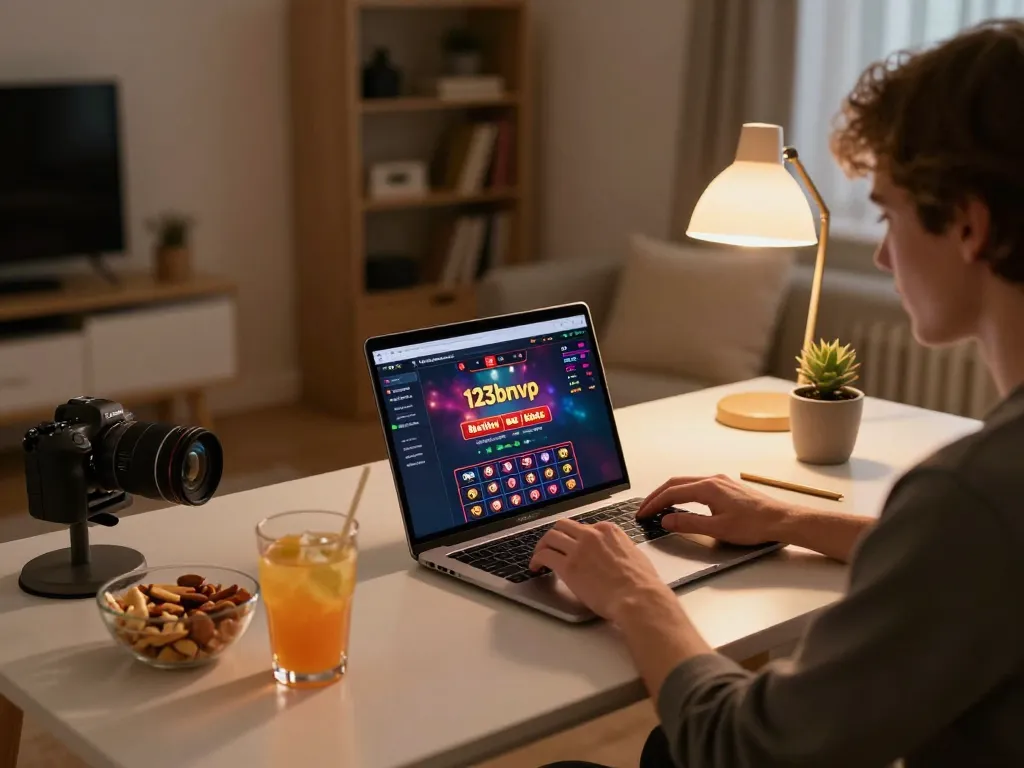 Experience online gaming with 123bmvp at home, showcasing a cozy setup and vibrant atmosphere