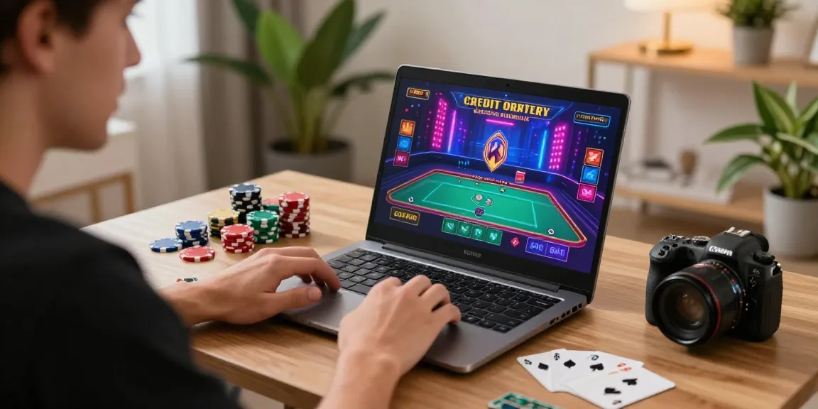 Engaging player enjoying credit card casinos, surrounded by gaming chips and colorful graphics.