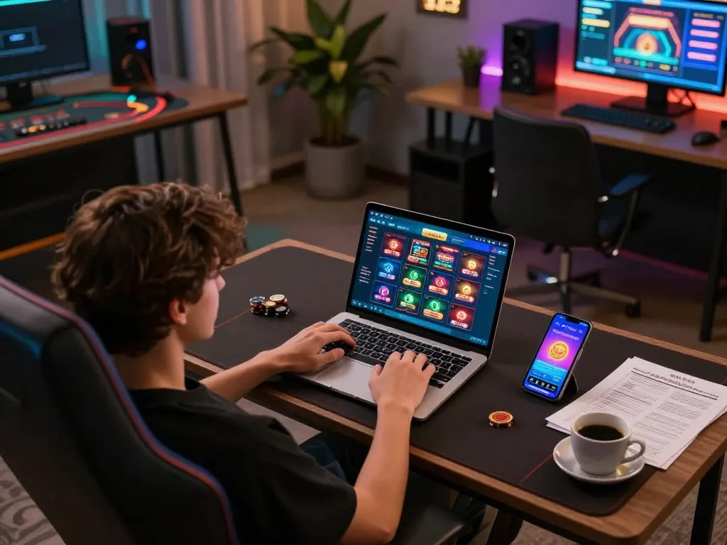 Engaging in online casino gaming as lsa displays exciting gameplay on a laptop and smartphone in a cozy setup