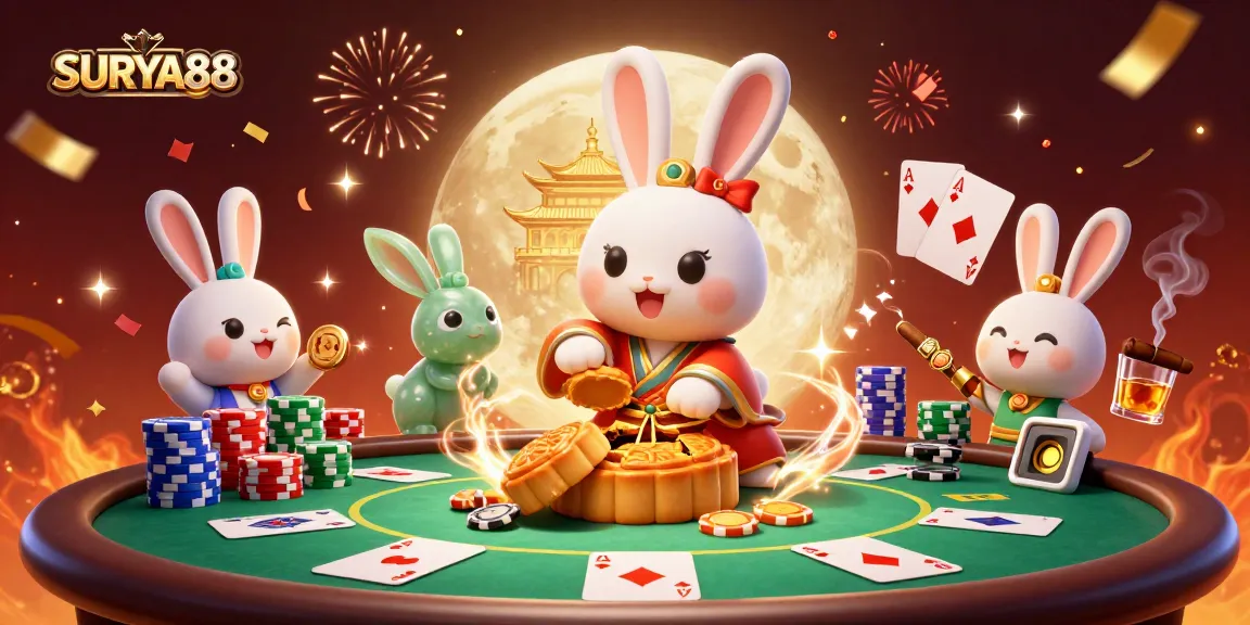 SURYA88 takes poker fun to new heights with a whimsical moon rabbit theme and vibrant table elements.