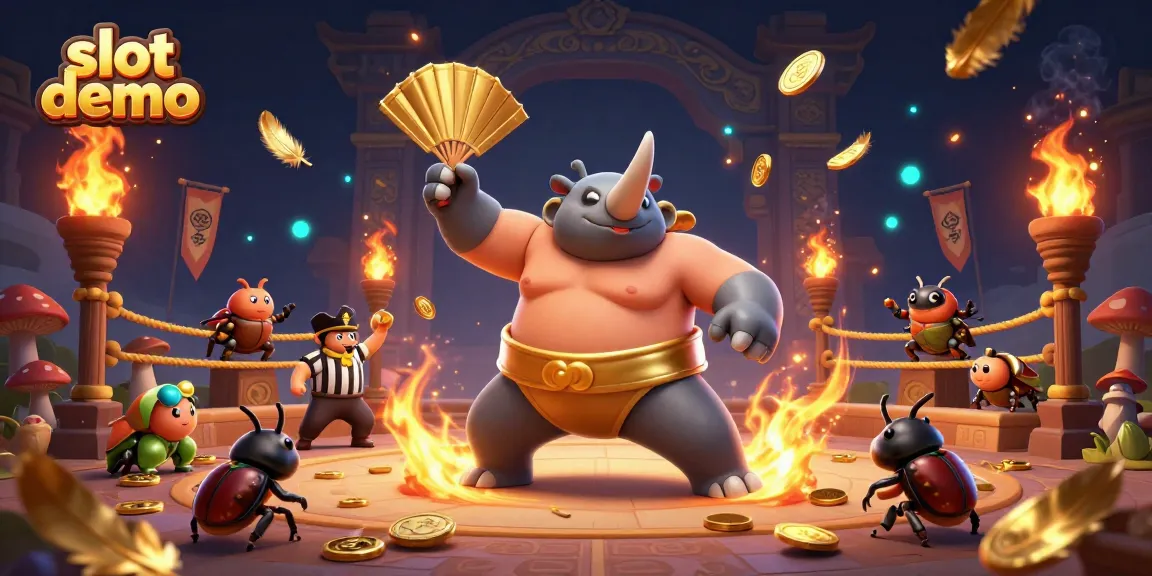 Slot demo menampilkan juara sumo kumbang badak dengan koin emas terbang.