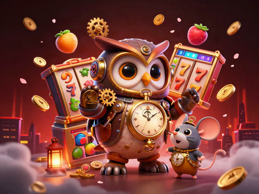 Slot yang semarak dengan simbol mesin slot, burung hantu waktu, dan mouse dalam suasana kasino.