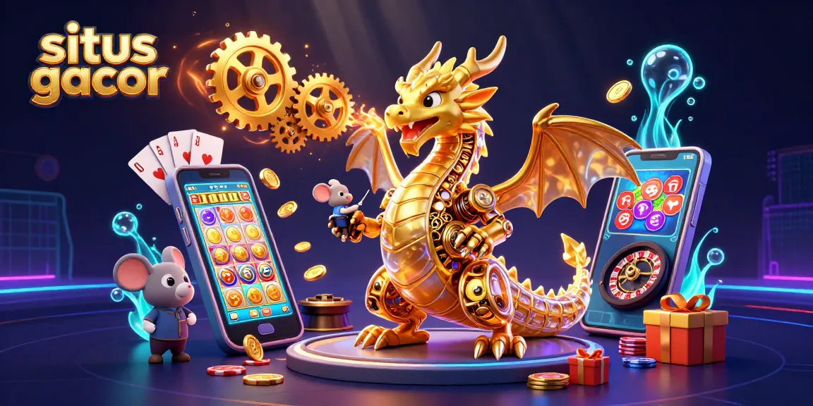 Situs gacor showcases an ornate dragon breathing gears amid a vibrant casino scene.