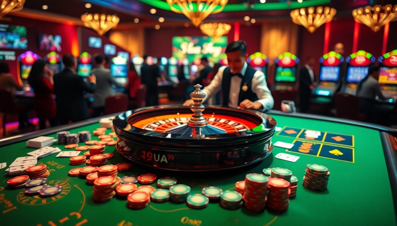 A dynamic scene of a vibrant Vua99 casino table with colorful chips and a roulette wheel, showcasing thrilling gambling action.
