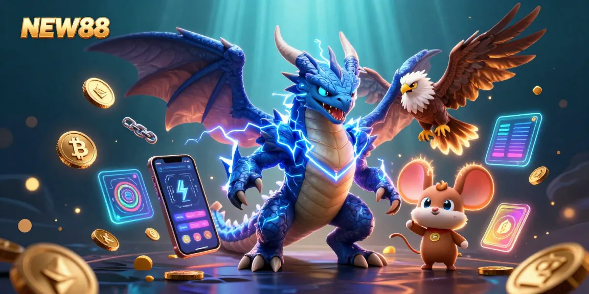 Join the excitement of NEW88 with thrilling gaming elements and dynamic cryptocurrency visuals.