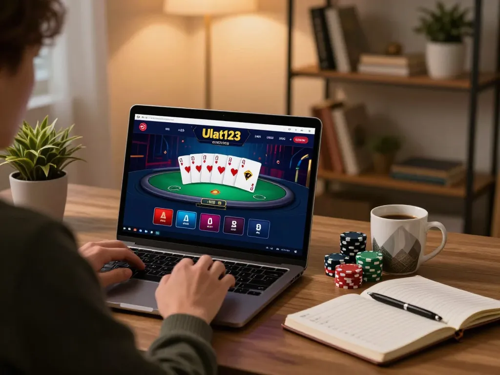 Pengguna yang terlibat berinteraksi dengan permainan poker online Ulat123 di laptop di kantor rumah yang nyaman.