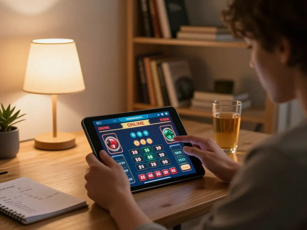 Online gambler engaging with king33 interface on a tablet, showcasing strategic gameplay in a cozy home setting.