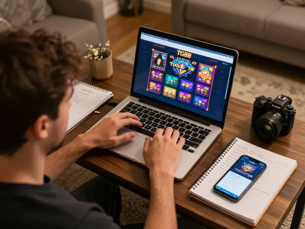 Player using TG88 for online gambling strategy, laptop screen displaying vibrant game interface.