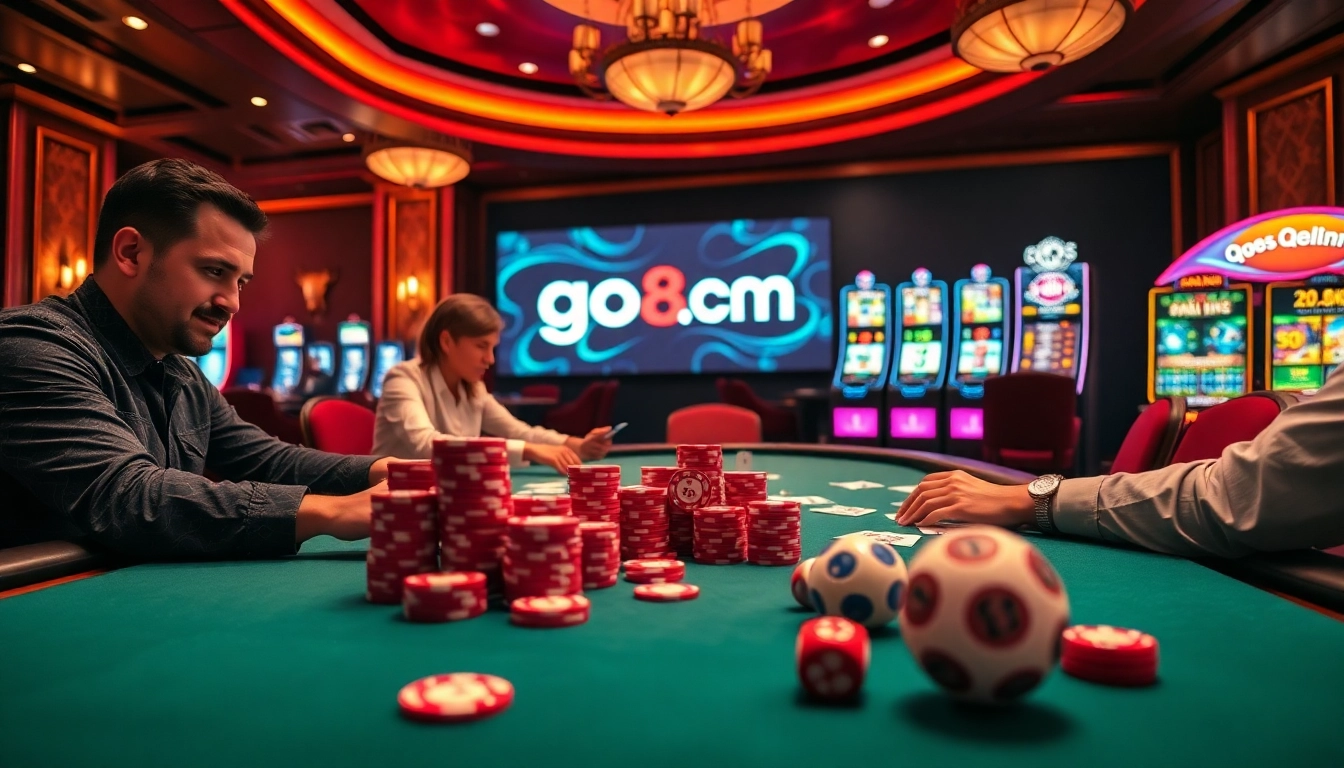 Engage in exciting casino games at go88.com with vibrant poker tables and lively players.