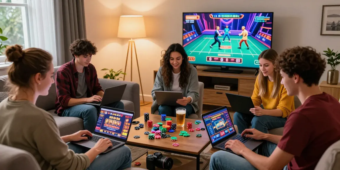 Playful gathering with friends enjoying new online casinos UK games in a cozy living room