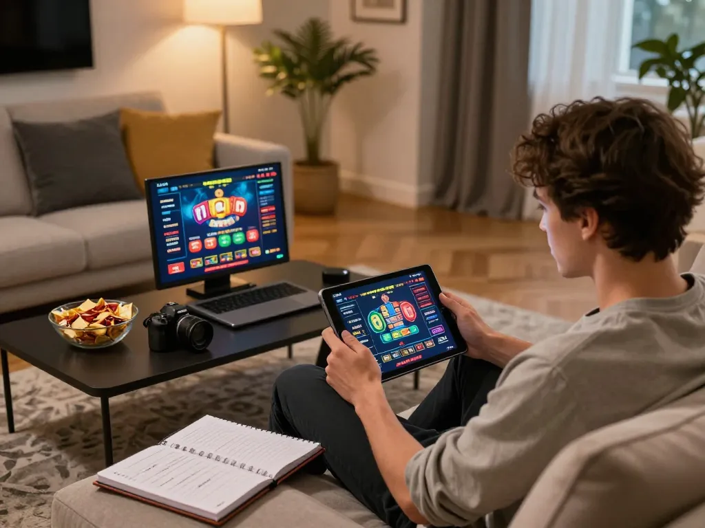 Player enjoying online gambling at ok365 on tablet with cozy home setup