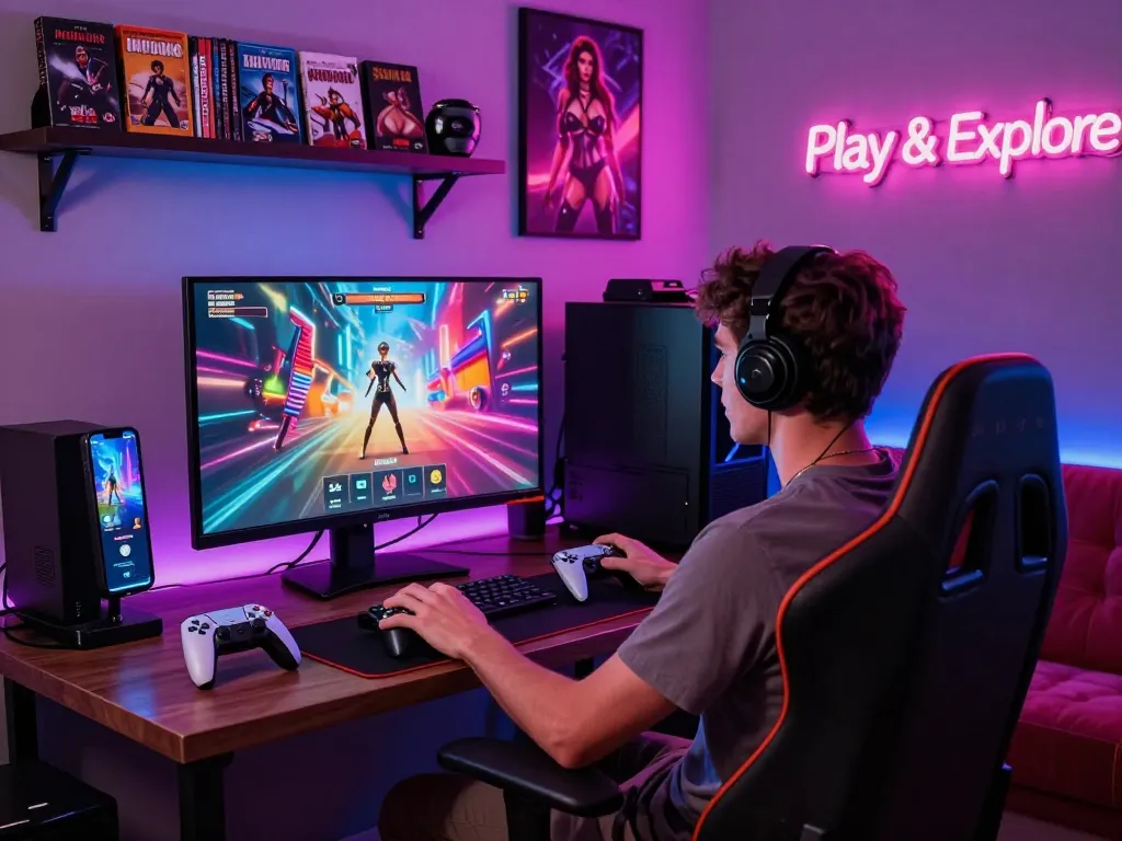 Immersive gaming scene featuring porngames on a vibrant gaming setup.