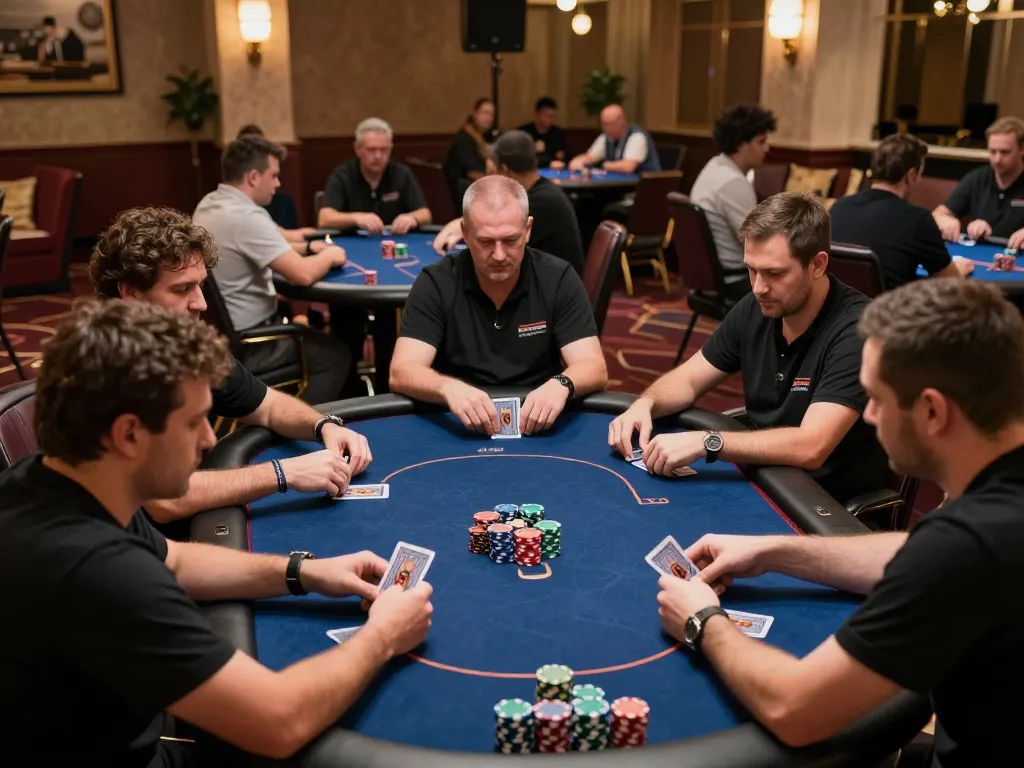 Players engage in intense poker gameplay at 789win's championship tournament, showcasing strategic betting.