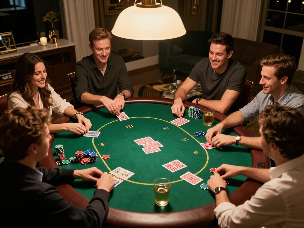 Friends enjoying a poker game night at home, focusing on the action of chips and cards with tr88 visible.
