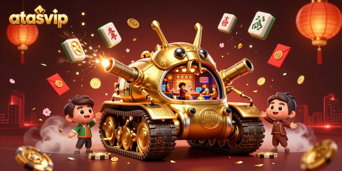 Experience excitement with atasvip at a vibrant cartoon casino scene featuring a golden beetle tank.
