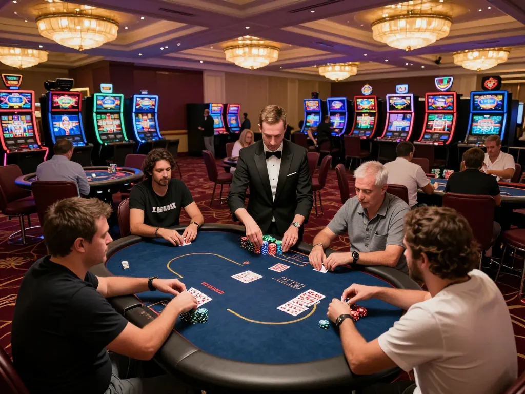 Engaging poker game on the trang chủ go8 casino floor, highlighting intense gameplay and vibrant atmosphere.