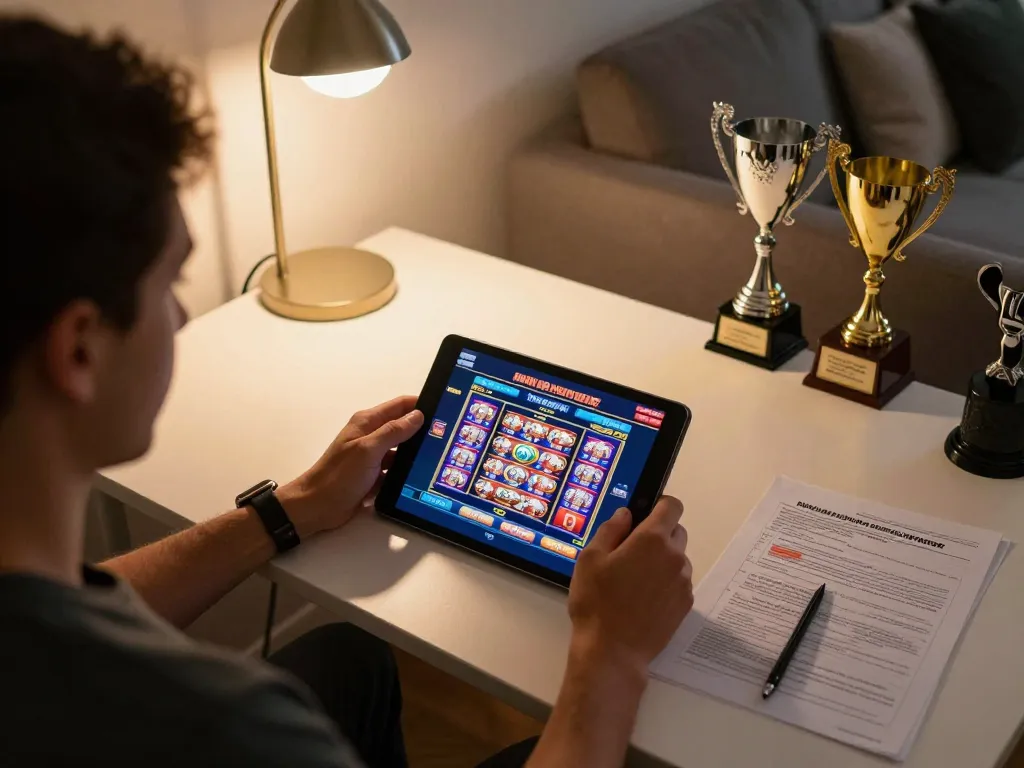 Player engaging with 8xbet casino app on tablet at home, showcasing strategic gameplay.