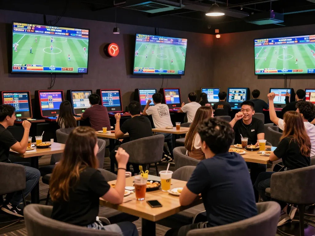 People engaging in live sports betting excitement at nk88, large screens displaying game odds and action