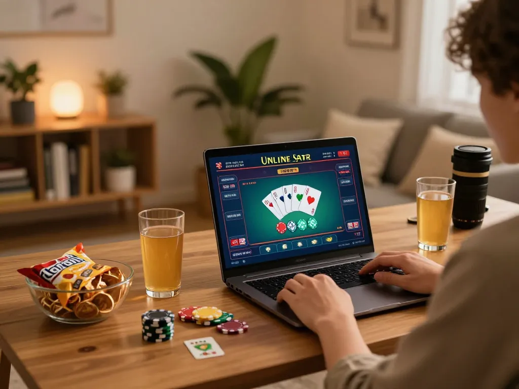 Engaging scene showing a person enjoying casinos not on gamstop on a laptop in cozy home setting.
