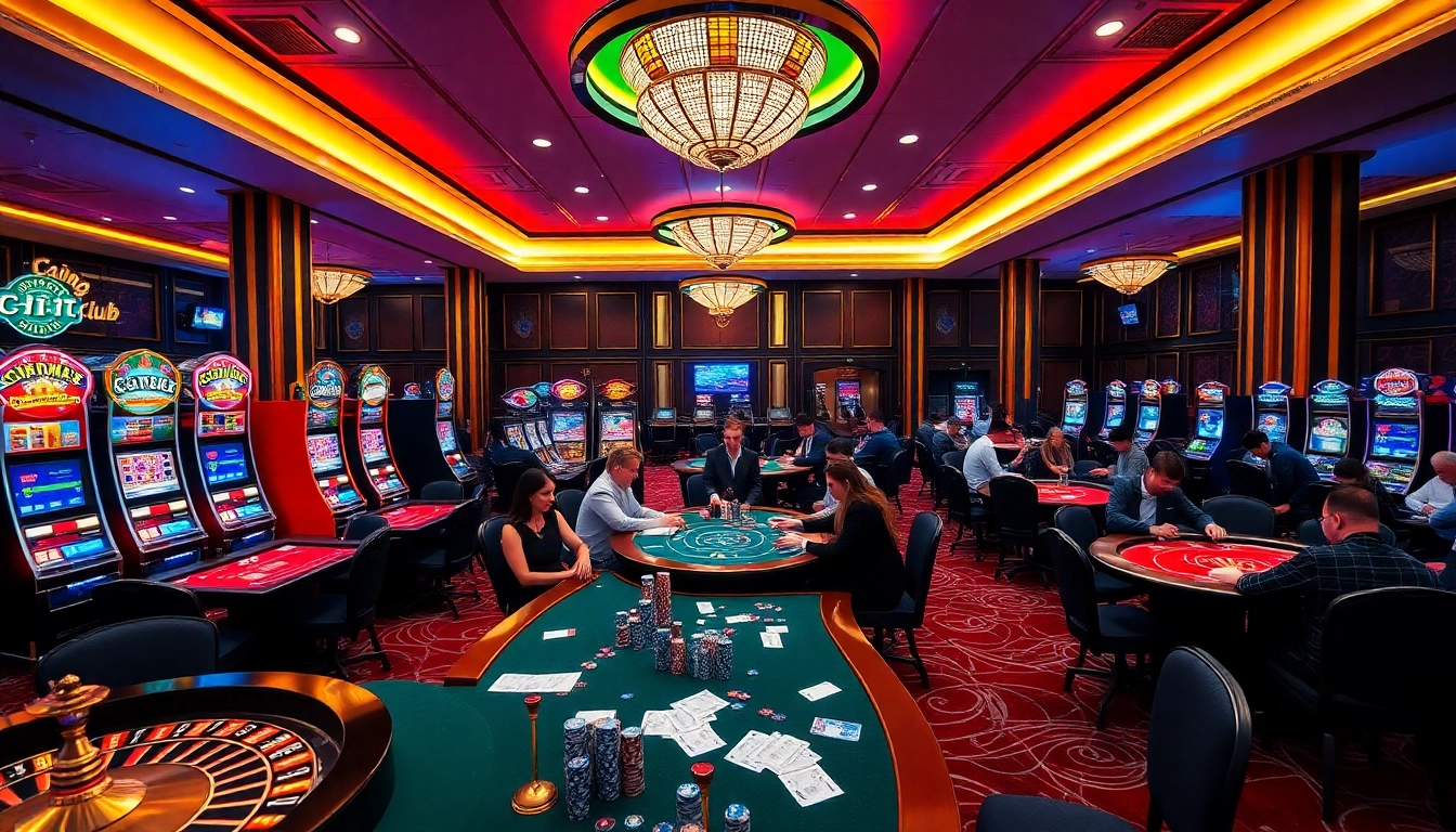 Cổng game Hit club offers an exciting view of gamblers at casino tables, playing poker and rolling dice.