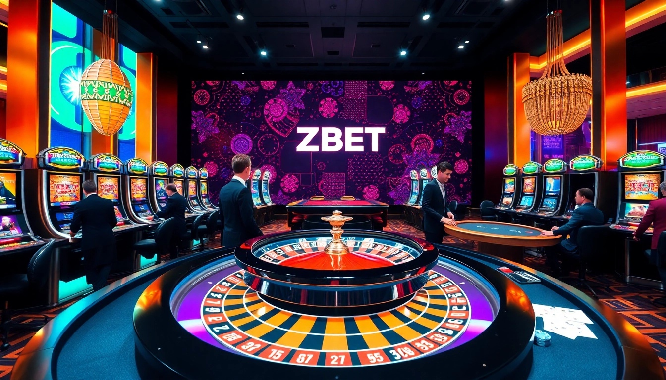 ZBET logo featured in a vibrant upscale casino scene with players engaging in roulette and poker.