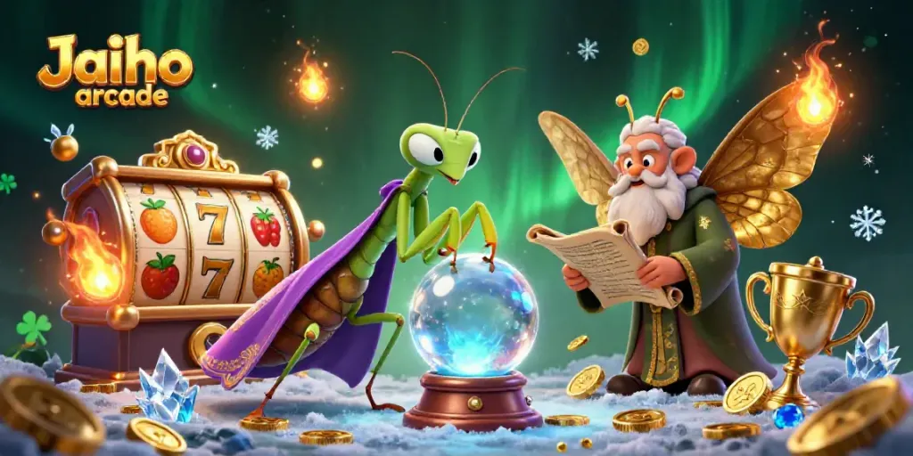 Experience the excitement of Jaiho arcade with slot reels and magical characters in a vibrant gaming scene.