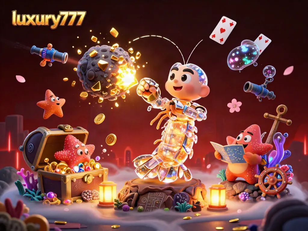 Experience luxury777 in a vibrant casino scene with exploding treasures and dynamic characters.