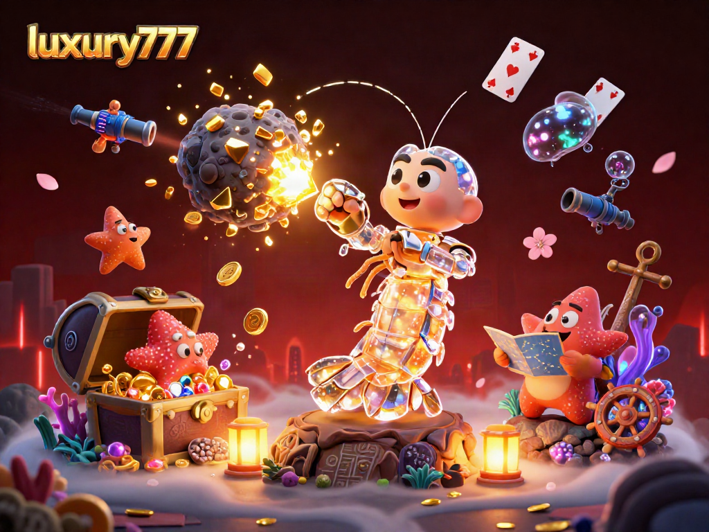 Experience luxury777 in a vibrant casino scene with exploding treasures and dynamic characters.