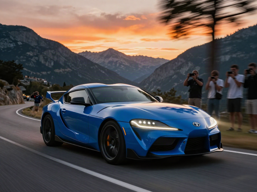 Experience the power of the A80 platform with a Toyota Supra A80 driving on a scenic mountain road at sunset, showcasing its sleek design.