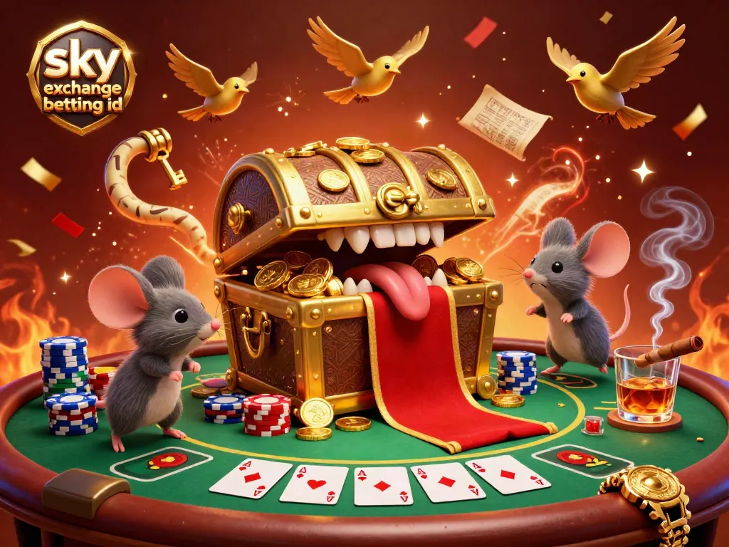Engage in thrilling action with sky exchange betting id as adventurer mice explore riches from a cartoon treasure chest amidst vibrant casino game elements.