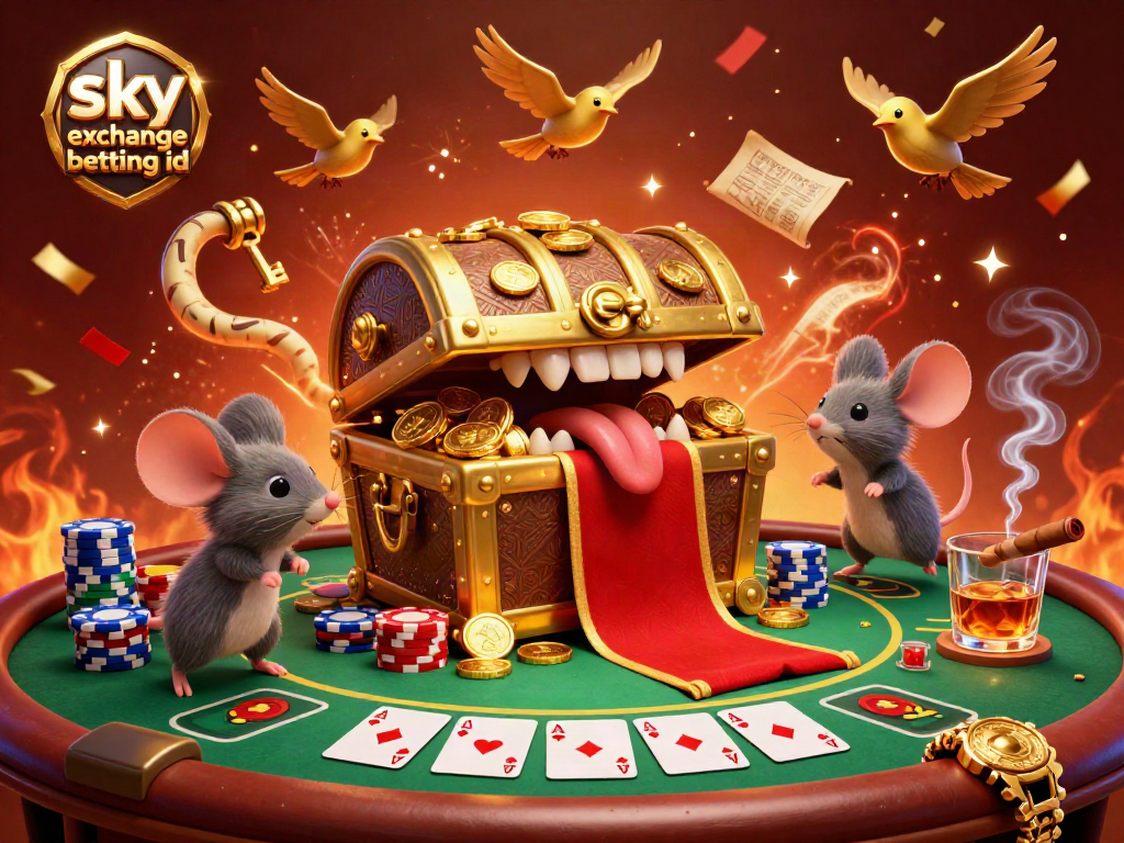 Engage in thrilling action with sky exchange betting id as adventurer mice explore riches from a cartoon treasure chest amidst vibrant casino game elements.