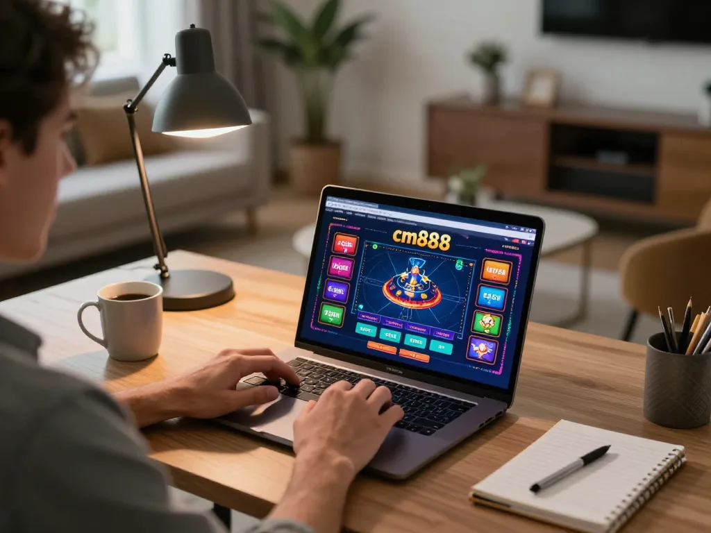 Player engaging with cm888 online casino game on laptop, showcasing a strategic gaming environment.