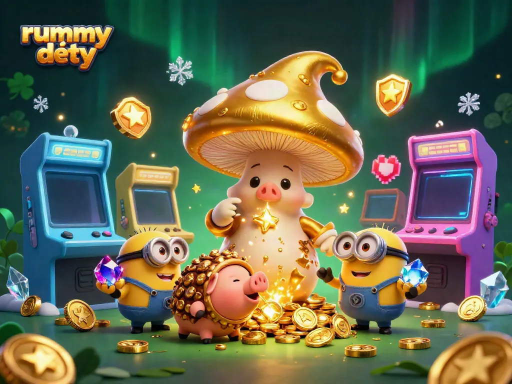 Gambler menikmati permainan Rummy Deity dengan dikelilingi karakter ajaib dan mesin arcade, menyajikan suasana yang menarik.