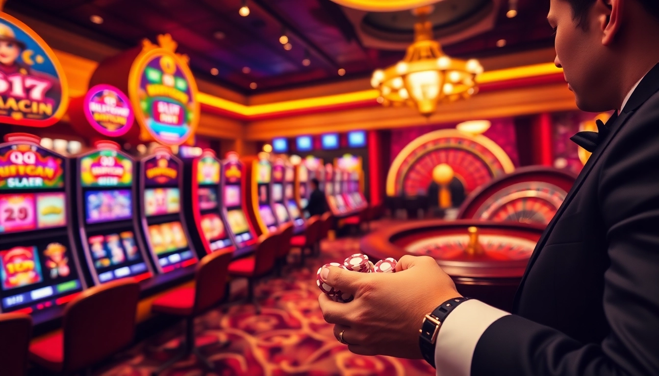 Experience the thrills of QQMacan with vibrant slot machines and elegant casino decor.