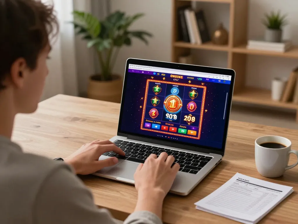 Player engaging with an online casino platform on cm888, focusing on slot game strategy at home.