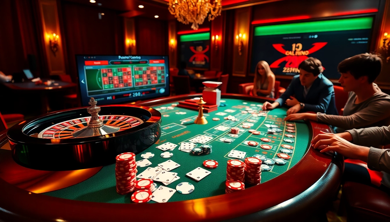 Experience the excitement of 23win with vibrant casino elements including roulette wheels and poker chips.