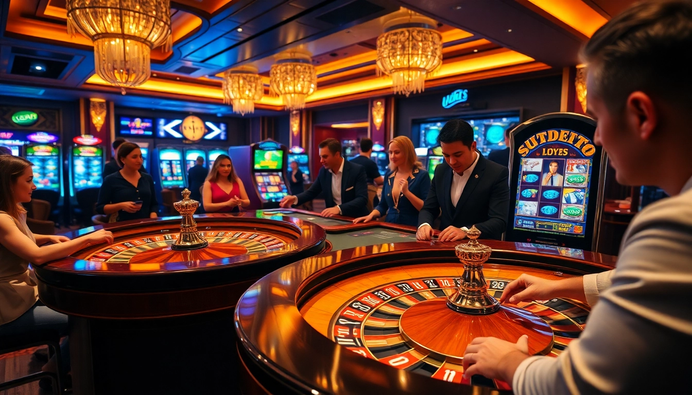 Experience the thrill of betting at https://mm88.press/ with a lively casino scene featuring roulette and slot machines.